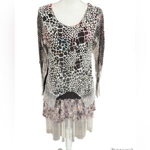 STYLE Long Sleeve Multi Print Dress With Mesh Size Small Layered